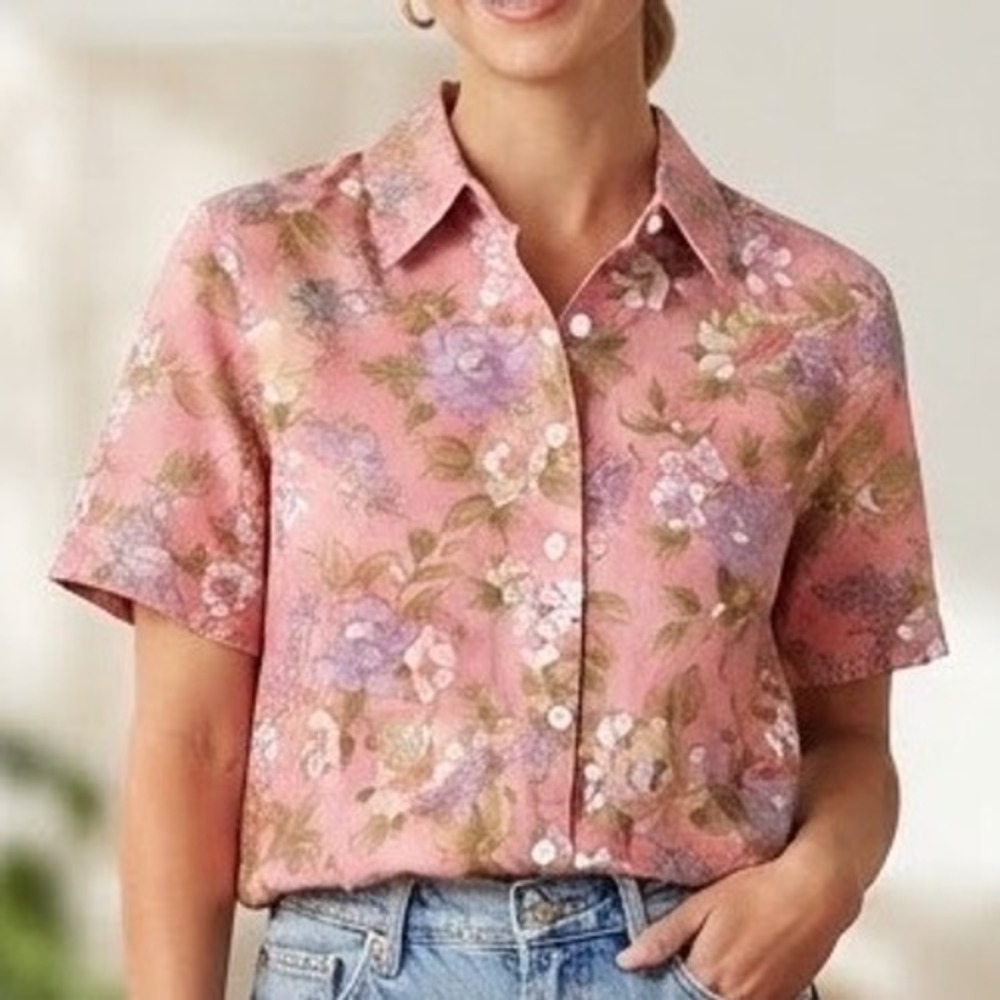 Erika Pink Floral Linen Blend Short Sleeve Button Down Shirt Women Medium